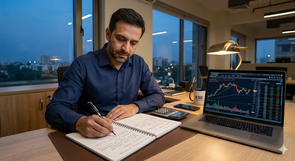 Investor writing notes at a desk beside a laptop showing stock charts