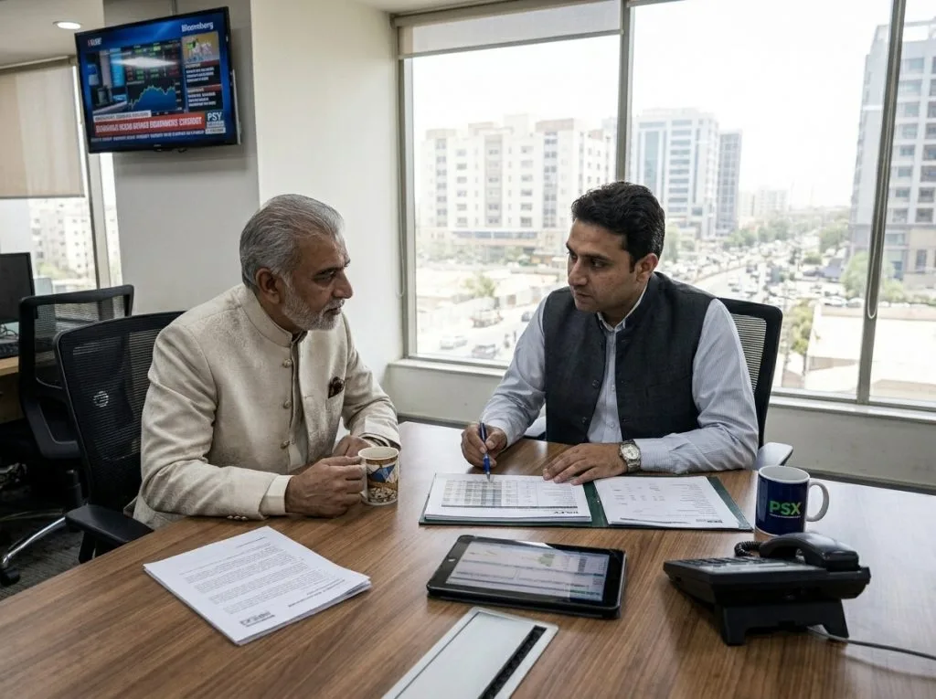 Broker discussing documents with a client at an office desk