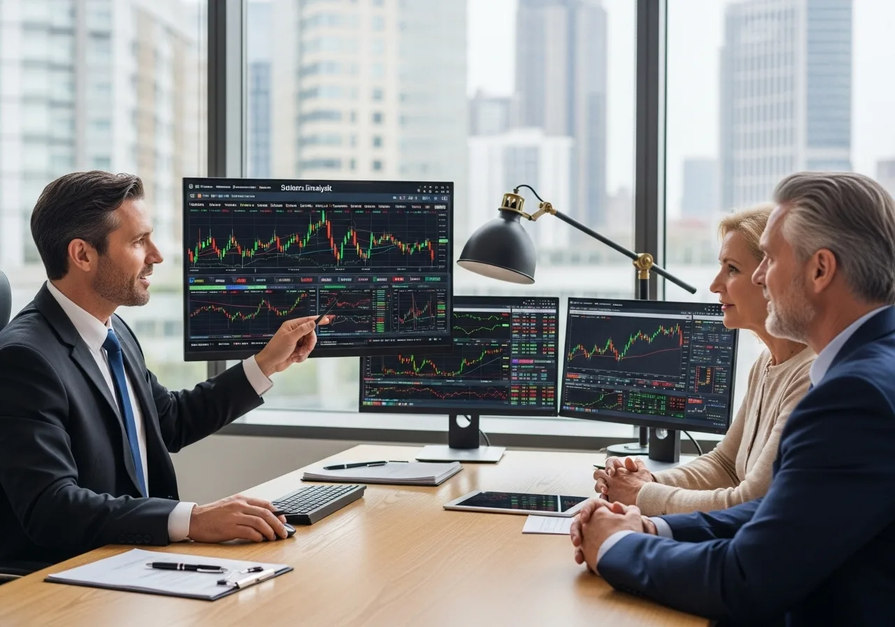 Advisor pointing at candlestick charts on monitors while meeting with a couple