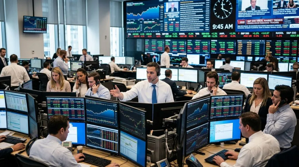 Busy trading floor with traders on phones surrounded by stock price screens