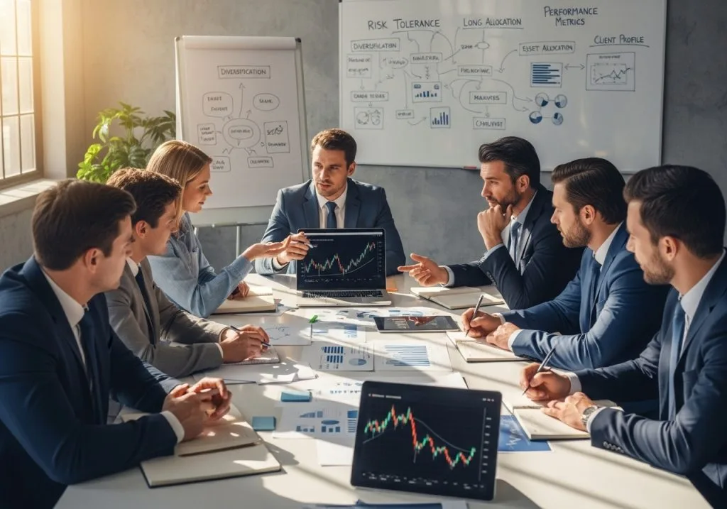 Advisors reviewing stock charts at a conference table before a risk-tolerance whiteboard