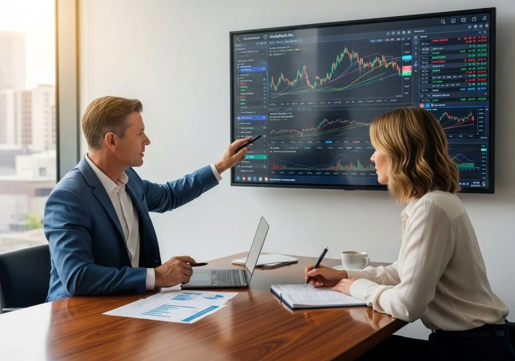 Advisor pointing to stock charts on a wall screen while a client takes notes
