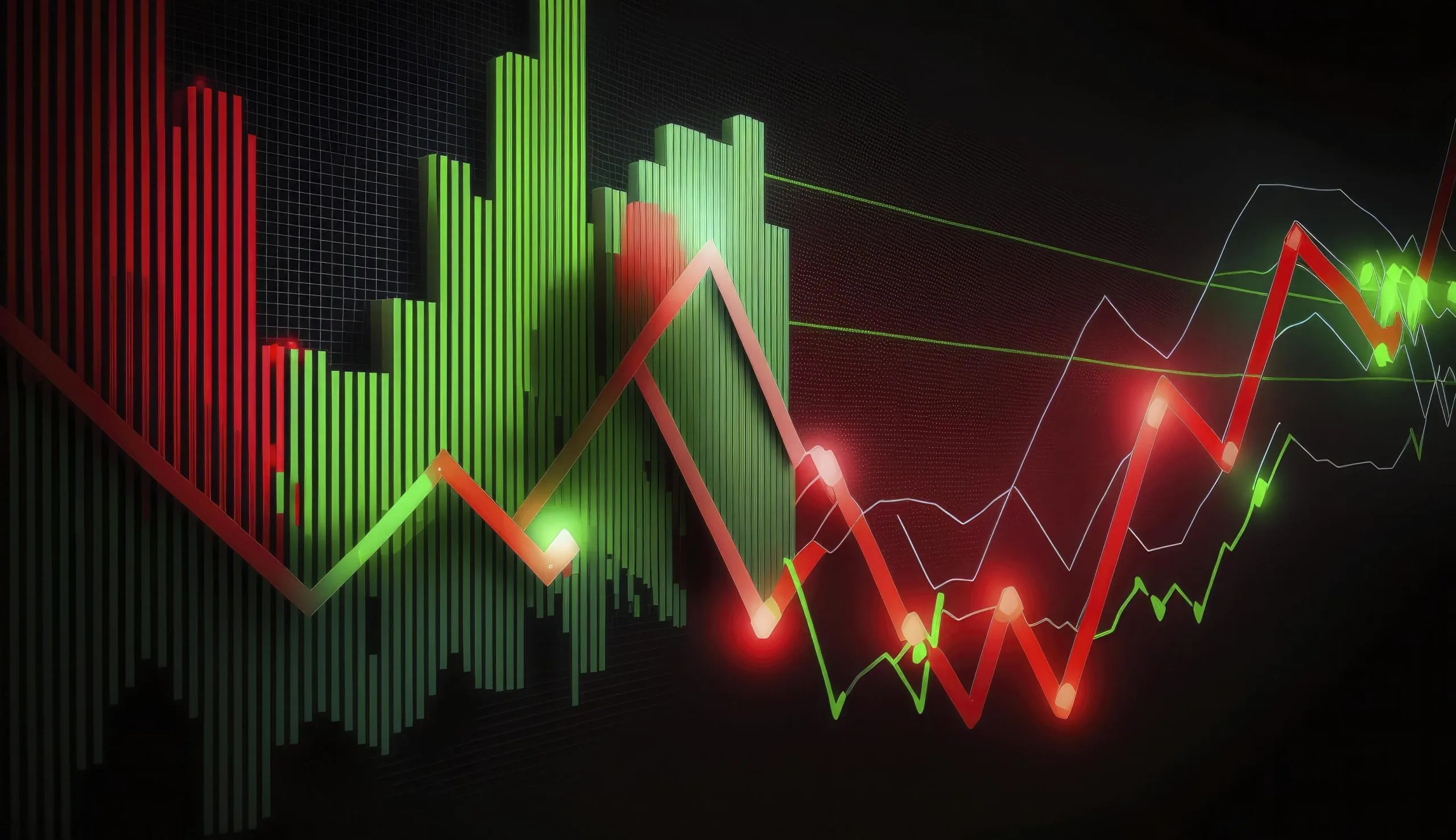 3D illustration of red and green trading chart bars and trend lines