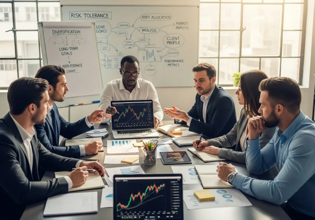Investment team in a meeting reviewing a candlestick chart on a laptop