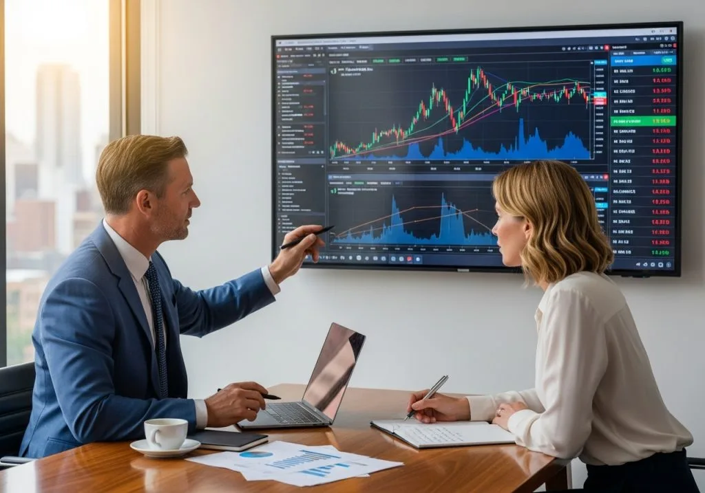 Advisor points at candlestick charts on a wall screen while a client takes notes