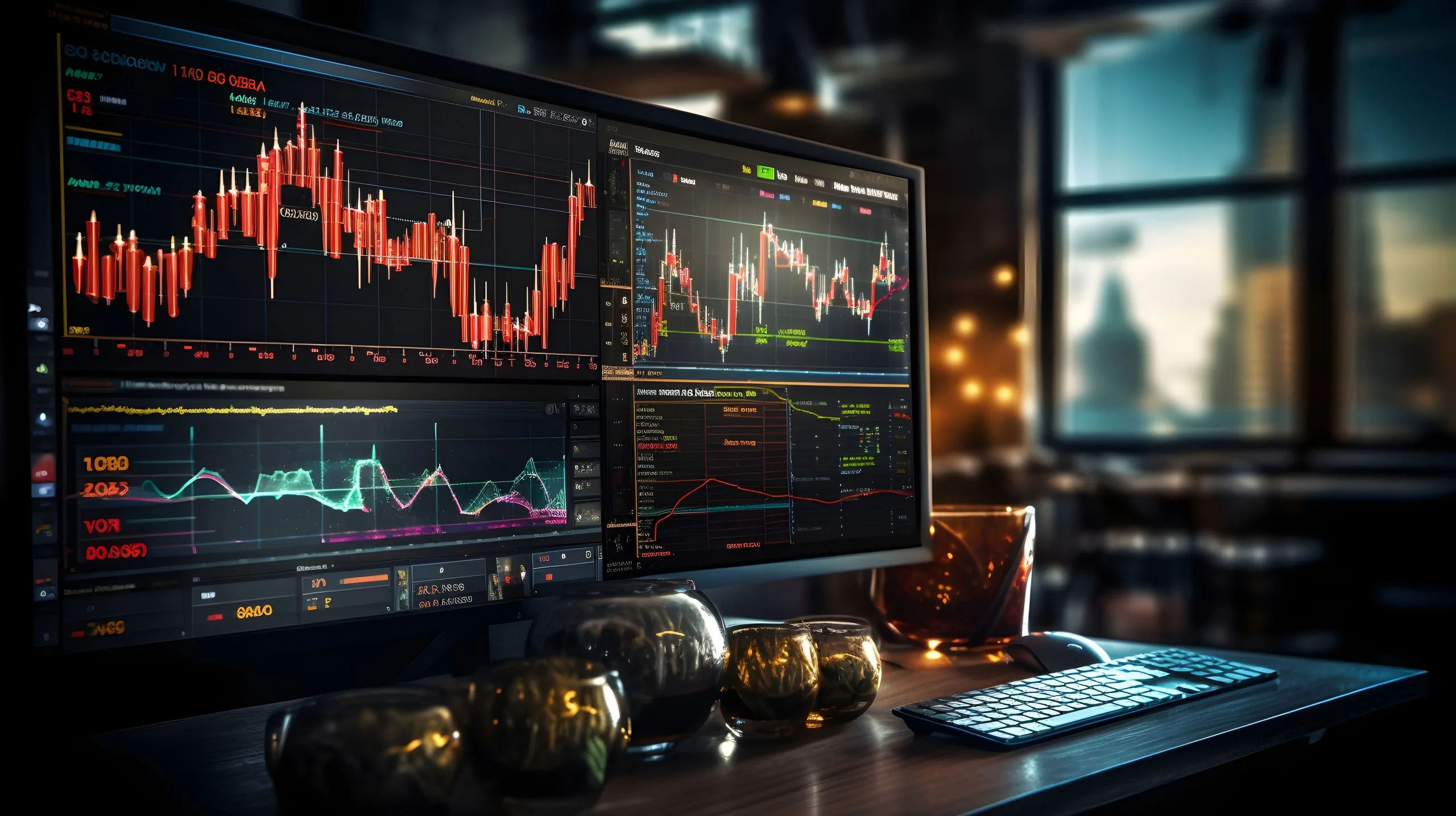 Trading workstation monitor showing multiple red candlestick charts in a dim office
