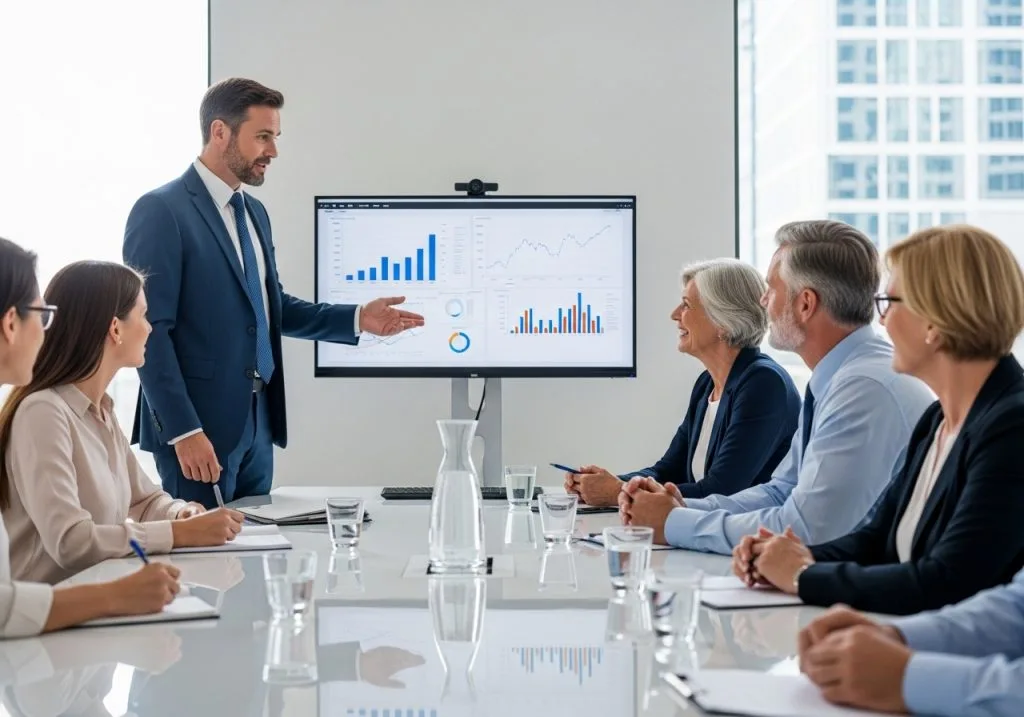 Advisor presenting stock market charts on a screen to clients in a boardroom