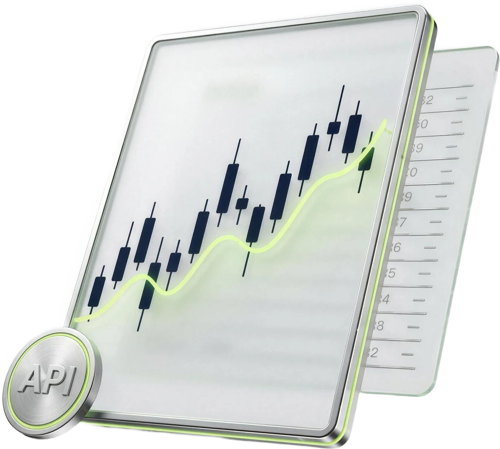 Floating glass order panel with a candlestick chart, order-book rows and an API medallion