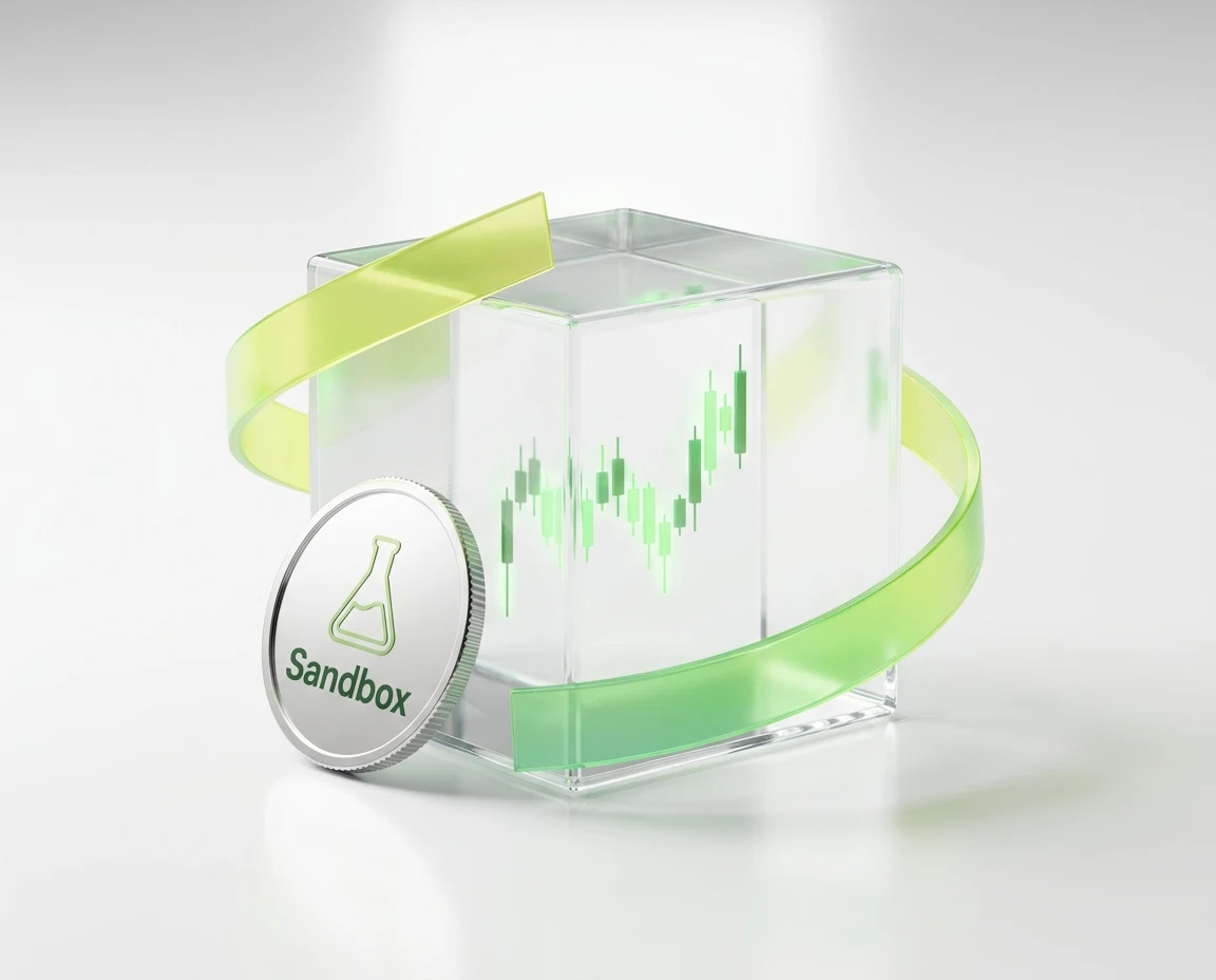 A glass cube holding a market chart, wrapped in a lime ribbon, beside a Sandbox medallion