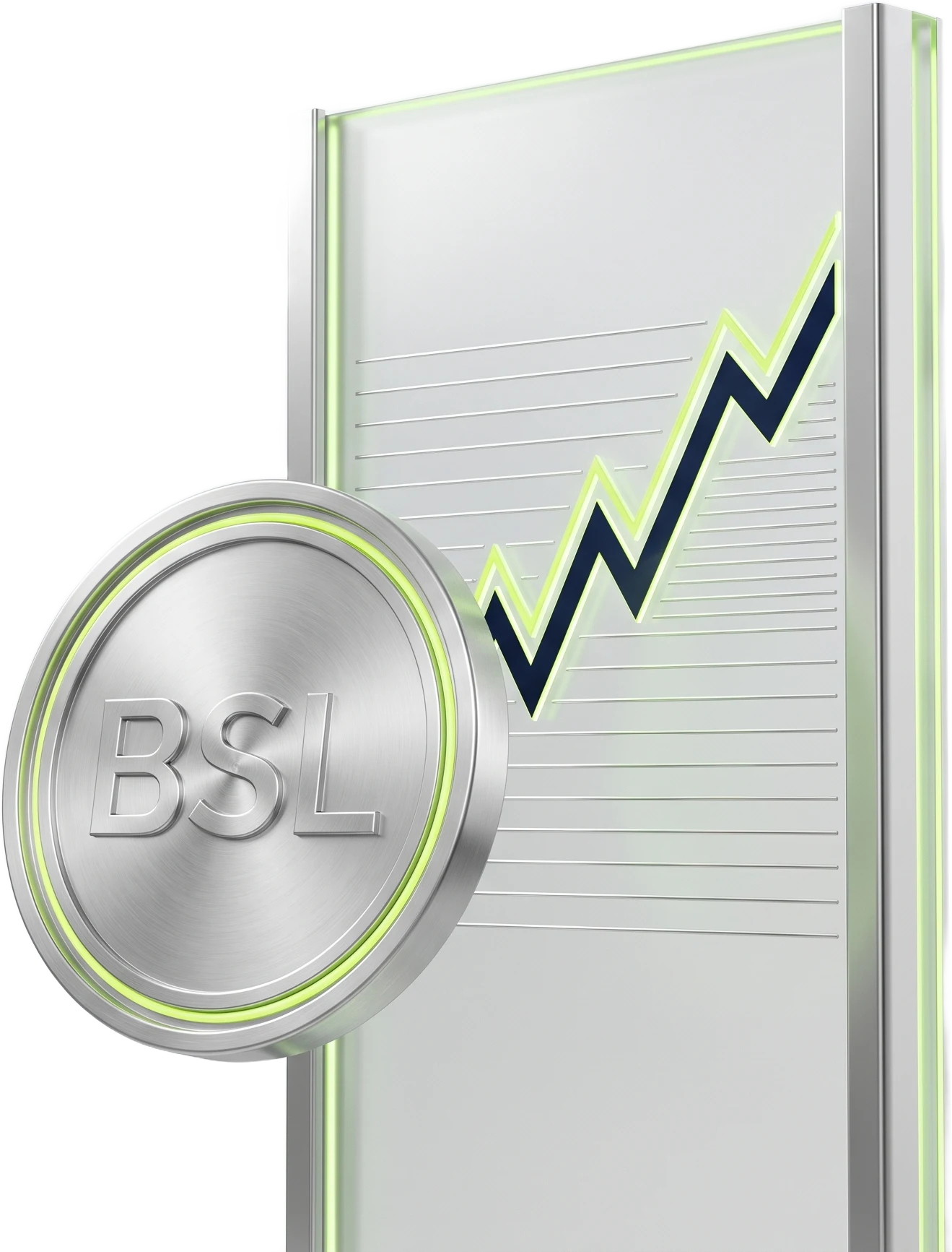 Floating silver BSL medallion in front of a frosted glass portfolio panel