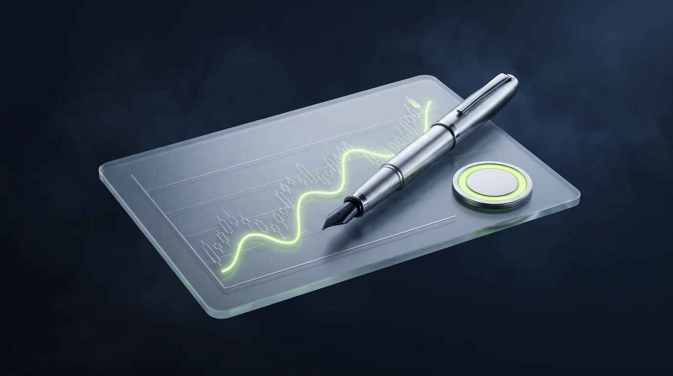A silver fountain pen resting on a frosted glass ledger etched with a rising lime price line