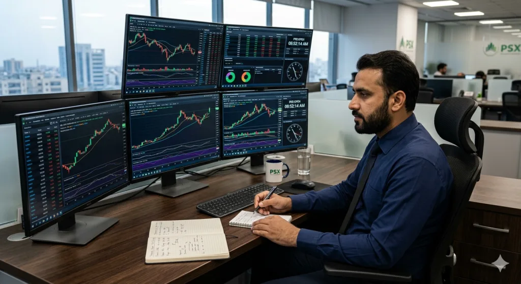 Trader taking notes at a five-monitor desk of candlestick charts in a PSX office