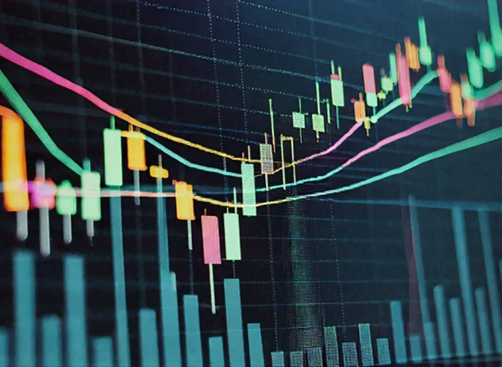 Candlestick stock chart with moving average lines and volume bars